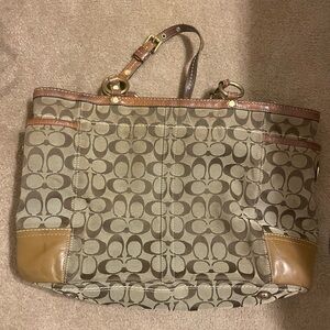 Coach Brown Signature Tote Bag with Leather Trim